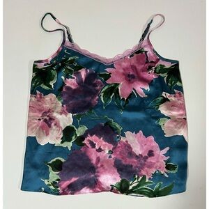 Midnight Bakery Blue Silk Lace Floral Tank Top Lingerie Shirt Blouse Size S 🌺✨